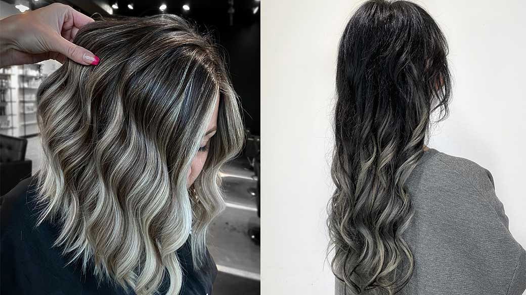 Looking for office-friendly hair colour and styles? Here's one - platinum grey balayage for beautiful contrast with black hair.