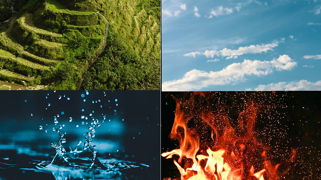  The image shows the four elements of nature: earth, water, fire, and air.