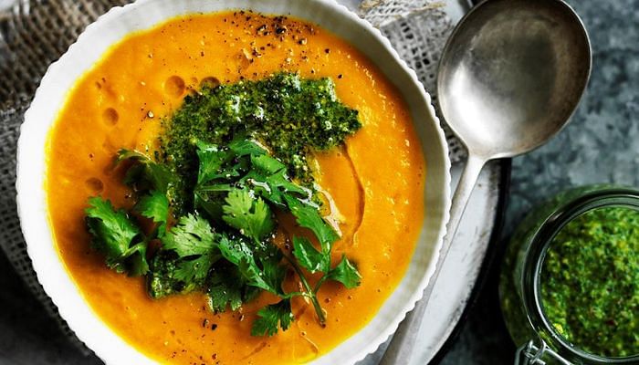 Creamy Carrot & Lentil Soup With Coriander Pesto