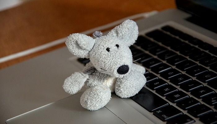 Mouse toy on a laptop keypad