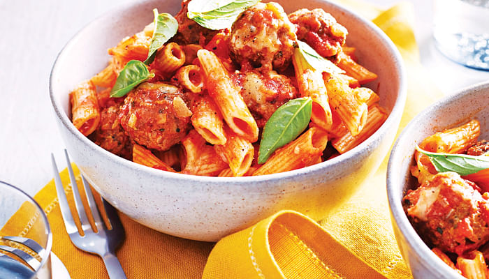 This tangy and cheesy meatball bake can be made in an hour for a delicious lunch!