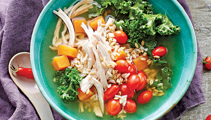 Every spoonful of this chicken and kale power soup contains plenty of body-building ingredients 