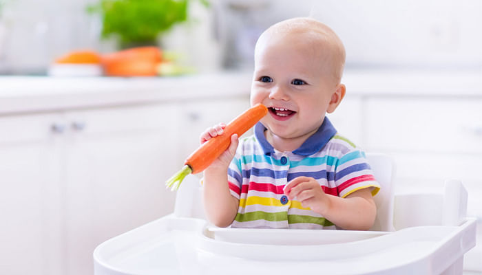 happy baby sitting in high chair eating carrot in a white kitchen healthy nutrition kids